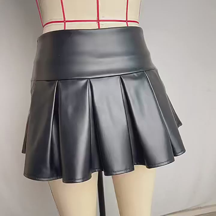 Load video: NURO Women's PU Leather Pleated Mini Skirt - High Waist Bodycon Skort with Safety Shorts, Nightclub Sexy Skirt