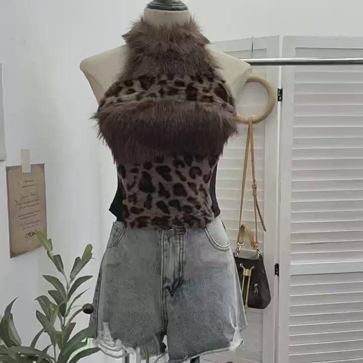 Load video: NURO Women's Halter Neck Crop Top, Animal Print Sleeveless Vest with Faux Fur Trim, Sexy Bodycon Camisole