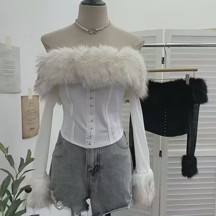 Load video: NURO Women's Mesh Panel Long Sleeve Top, Off-Shoulder Cropped Tee with Faux Fur Trim, Sexy Bodycon Two-Piece Set