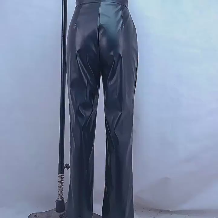 Load video: NURO Women's High Waist PU Leather Pants - Straight Leg Casual Trousers with Zipper Detail, Minimalist Streetwear Pants