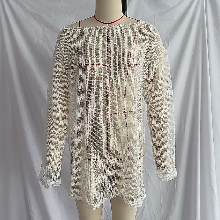 Load video: NURO Women's Icy Sheer Knit Beach Dress, Long Sleeve Cut-Out Cover-Up Tunic