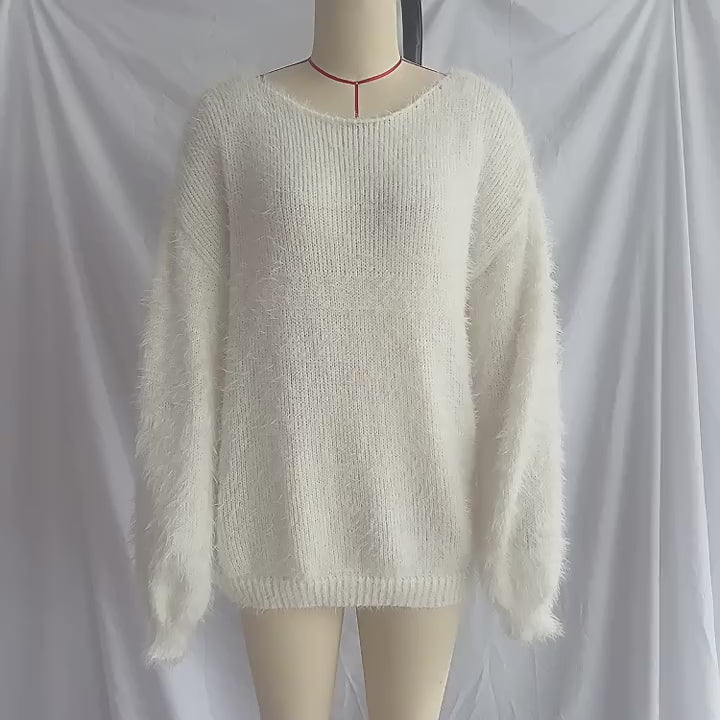 Load video: NURO Women's Off-Shoulder Faux Fur Trim Knit Sweater, Loose Fit Pullover Top