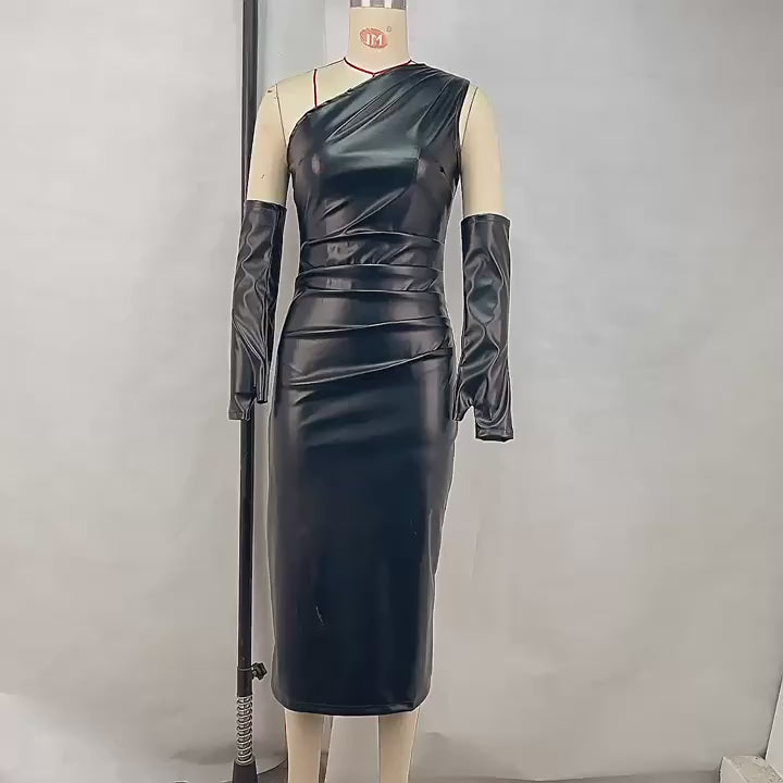 Load video: NURO Women's Asymmetric PU Leather Bodycon Dress - Sleeveless Midi Dress with Slit Detail, Sexy Evening and Nightclub Gown