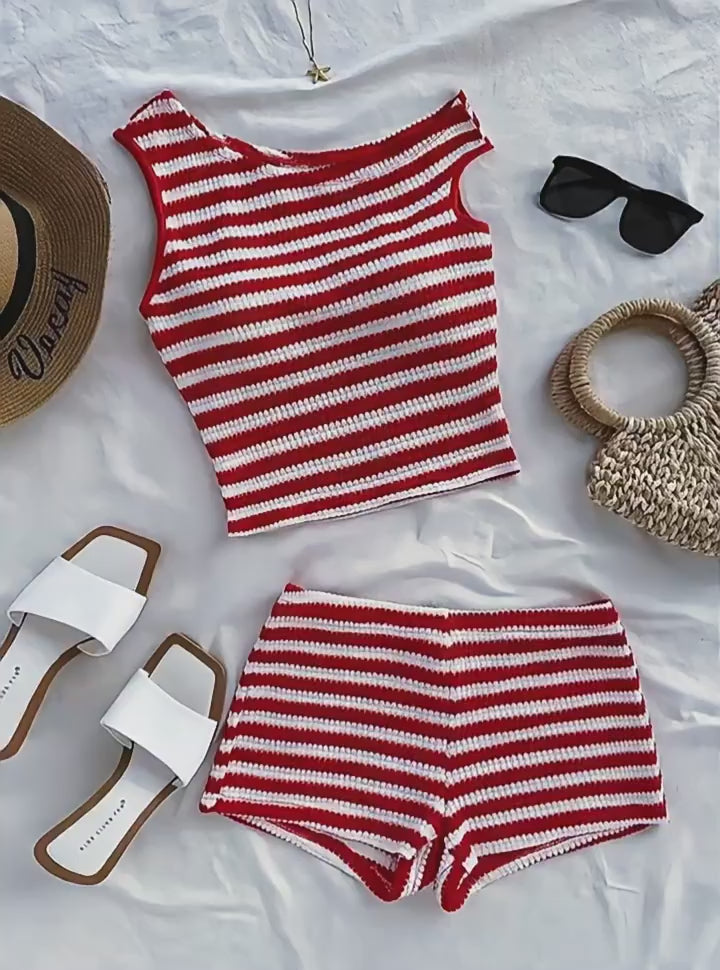 Load video: NURO Striped Tank Top and Shorts Lounge Set for Women