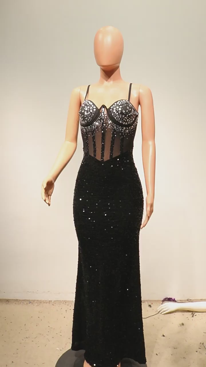 Load video: NURO Velvet Halter Neck Sequin Maxi Evening Gown