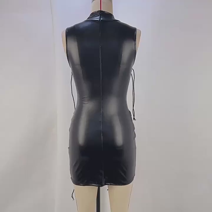 Load video: NURO Women's PU Leather Stand Collar Mini Dress - Lace-Up Corset Bodycon Dress, Streetwear Sexy Evening Dress