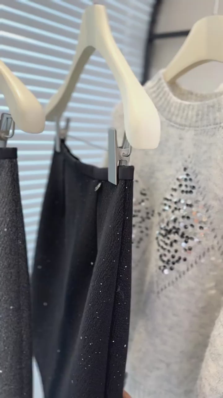 Load video: NURO Women's Glitter Wool Blend Pencil Skirt – High Waist Sparkle A-Line Mini Skirt