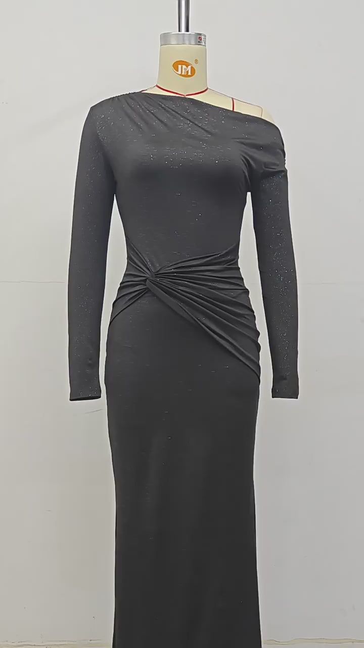 Load video: NURO Women's Off Shoulder Bodycon Long Sleeve Ruffle Mermaid Long Dress