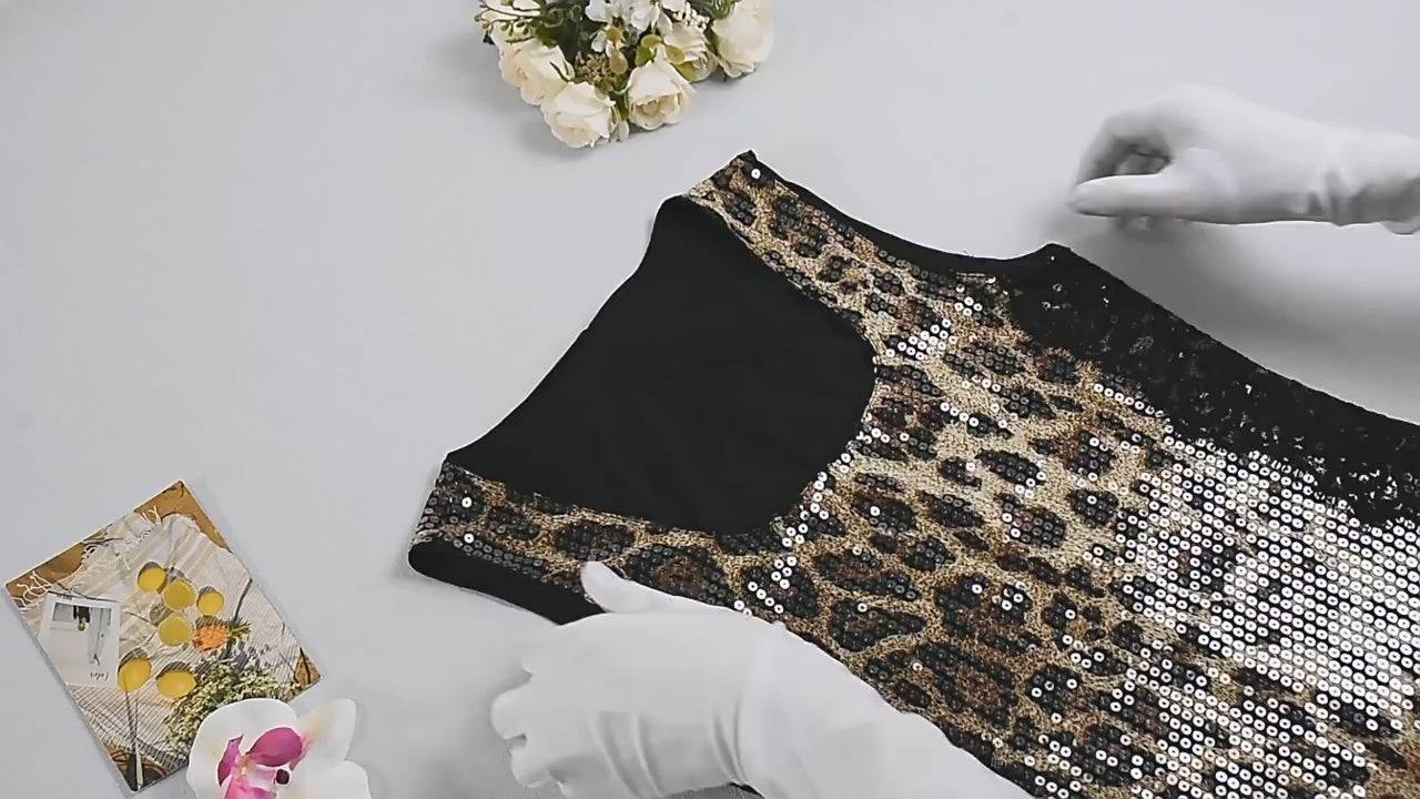 Load video: NURO Women's Sequin Leopard Bodycon Mini Dress - Square Neck, Lace Insert, Backless, Elastic Waist