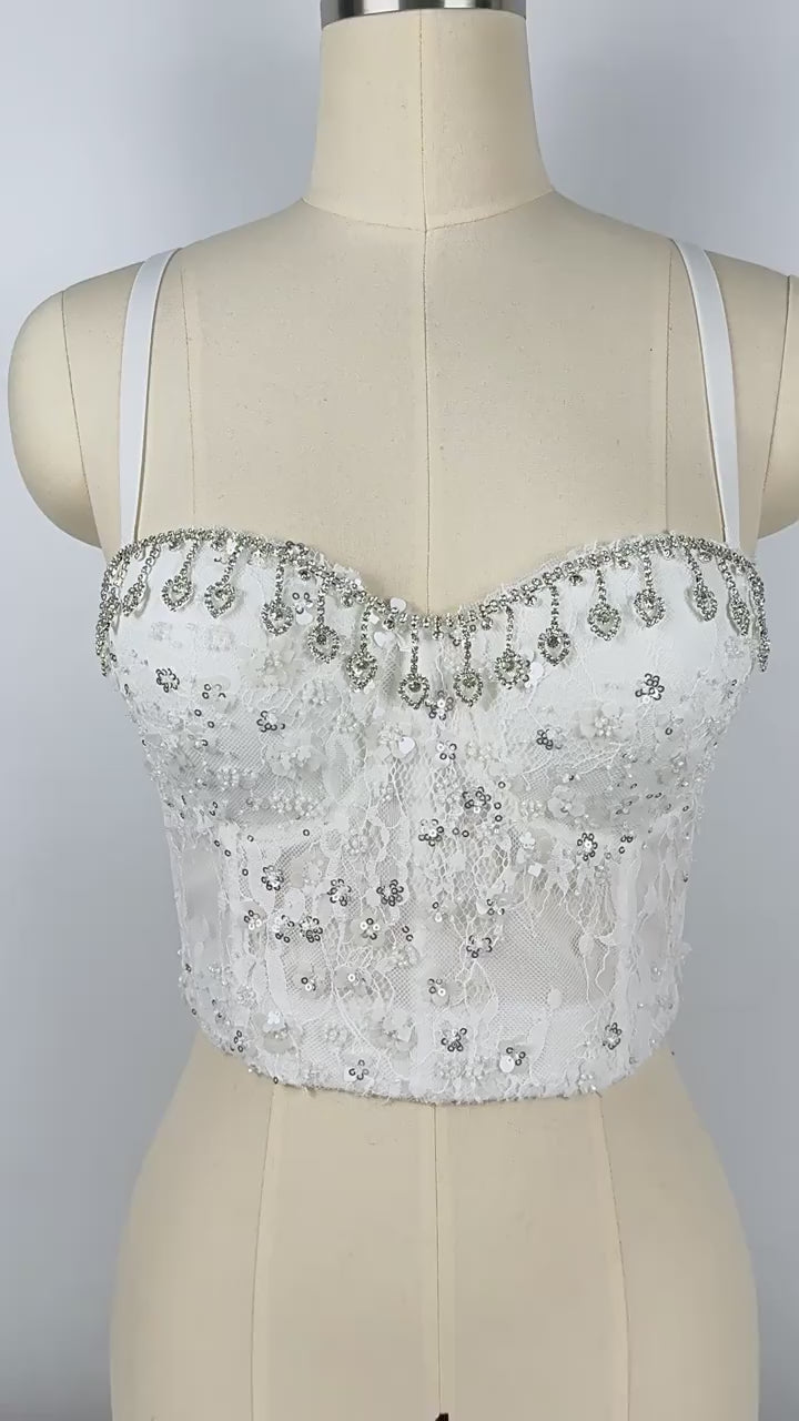 Load video: NURO Women's 3D Effect Bustier Top - Chain Detail Corset with Removable Straps