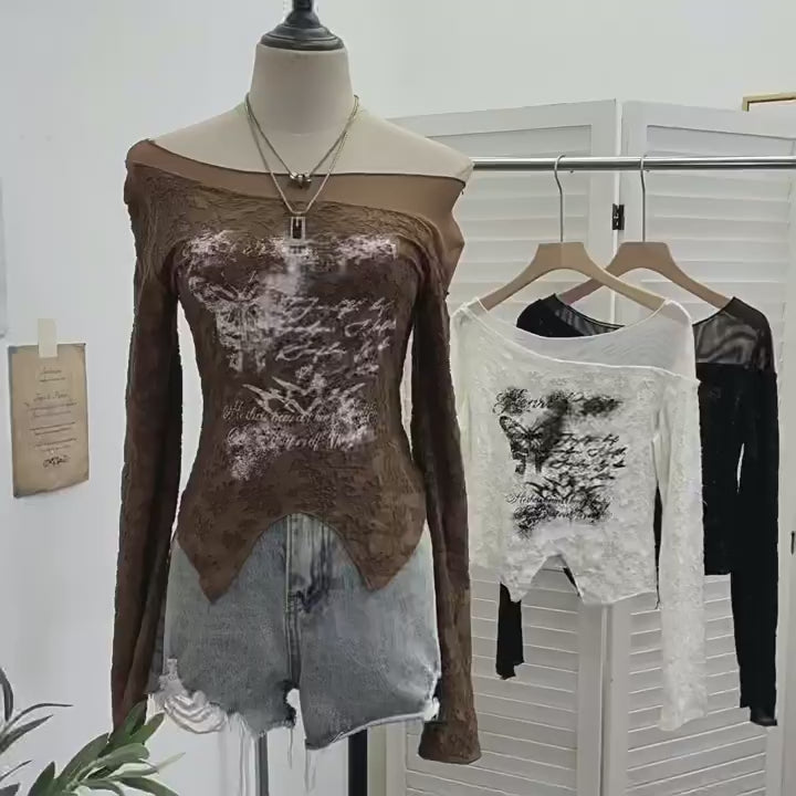 Load video: NURO Women's Mesh Panel Long Sleeve Top, Grunge Butterfly Graphic Cropped Tee, Textured Bodycon Casual Shirt