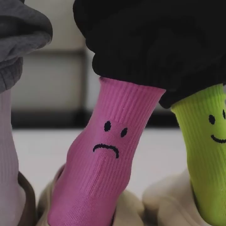Load video: NURO Crying &amp; Smiling Face Print Crew Socks for Women and Men
