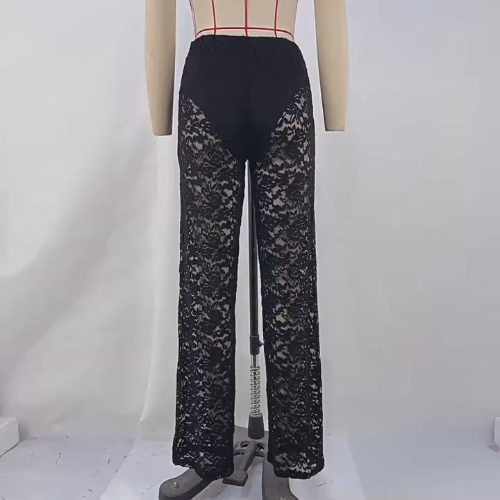 Load video: NURO Women's High Waist Sheer Mesh Straight Leg Pants - Sexy See-Through Panel Trousers, Casual Streetwear Pants