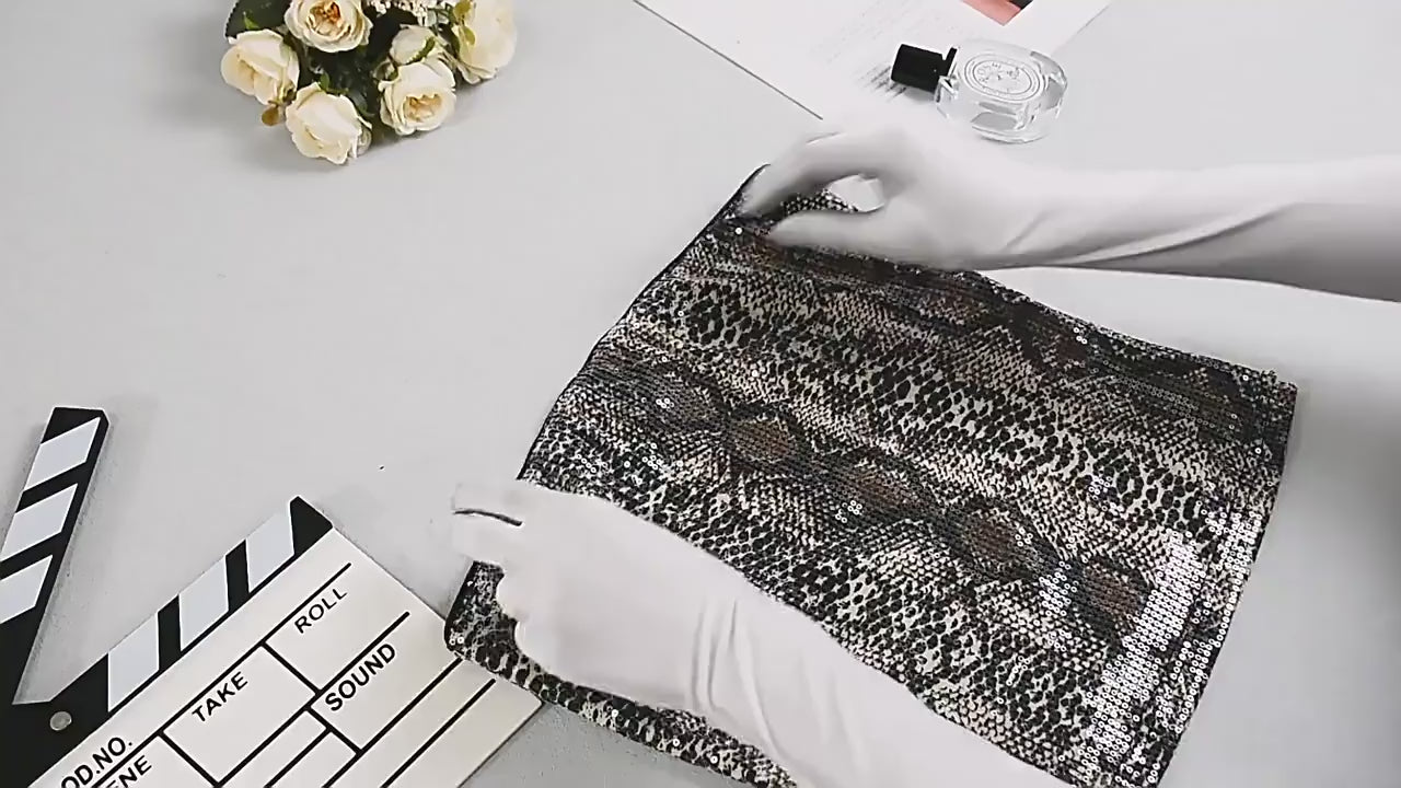 Load video: NURO Women's Strapless Snake Print Sequin Bustier Top - Backless, Bodycon, Evening Wear, Elegant Party Outfit