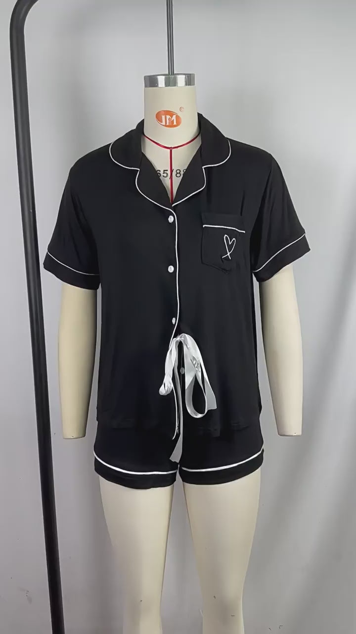 Load video: NURO Women's Short Sleeve Loungewear Set, Button-Down Shirt and Shorts Two-Piece