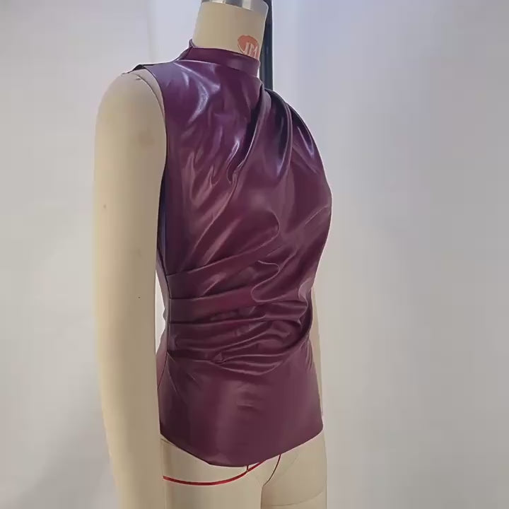 Load video: NURO Women's Sleeveless PU Leather Vest Top - Stand Collar Waist-Cinching Cropped Tank, Asymmetric Hem Streetwear Style