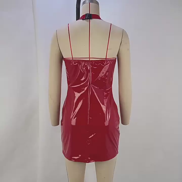 Load video: NURO Women's Strapless PU Leather Bodycon Dress - V-Neck Sleeveless Mini Dress for Nightclub and Evening Wear