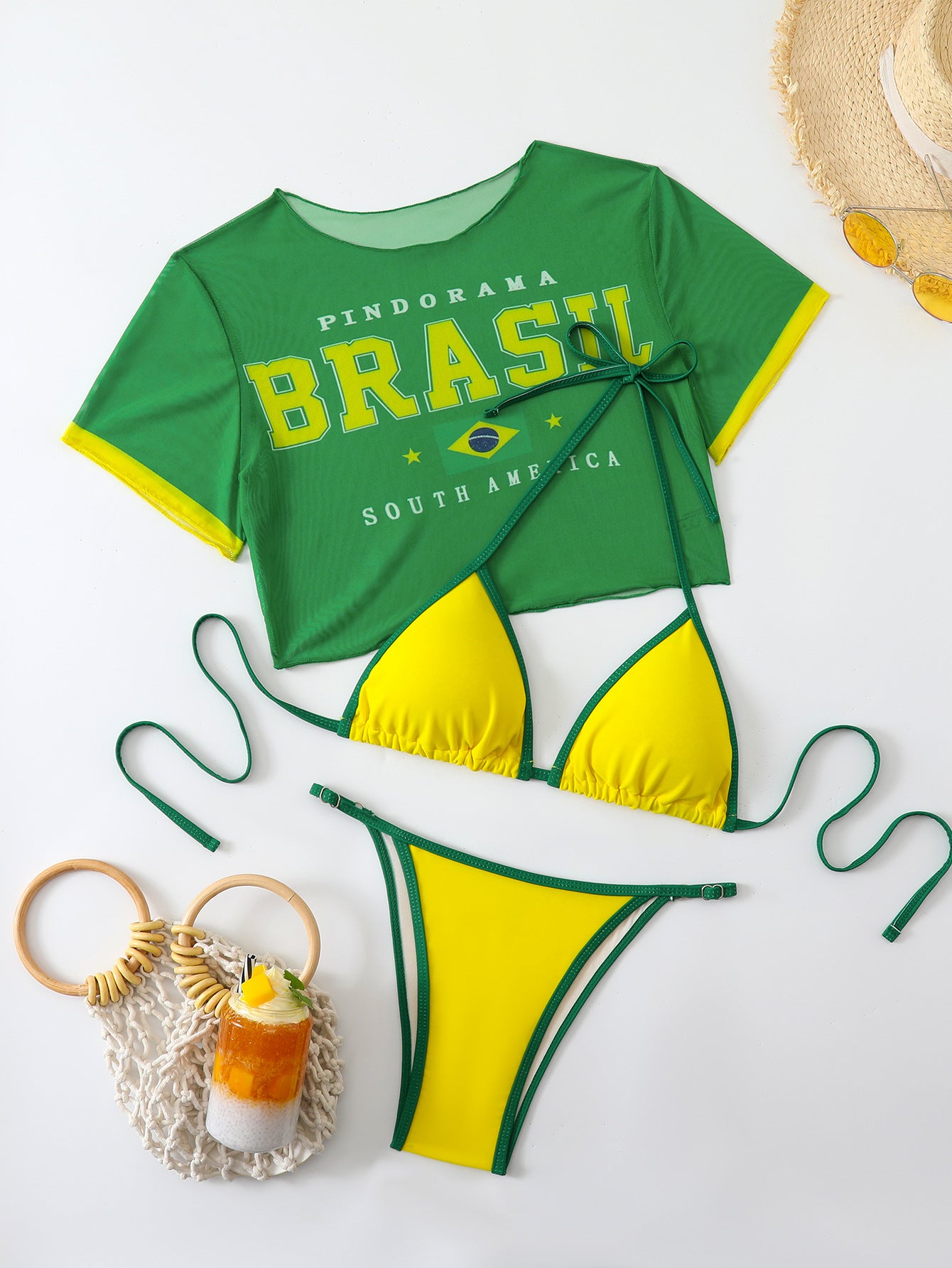 Sexy Three Piece Swimsuit Set with Short Sleeve Top
